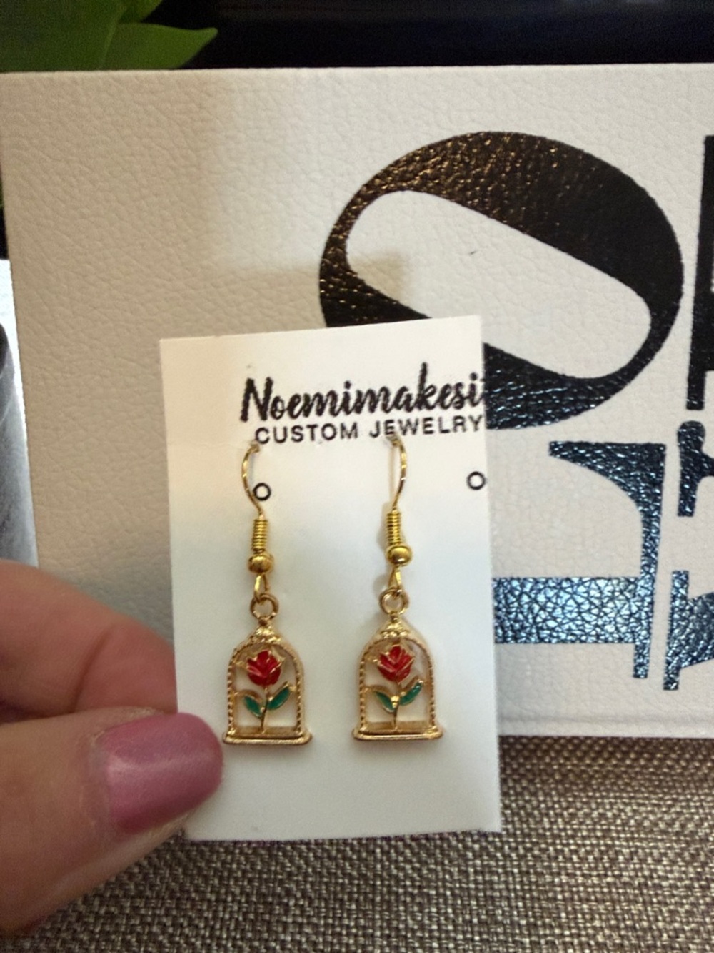 Noemimakesi Gold Rose Drop Earrings - Red & Green Accents